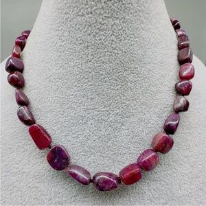 Vintage STAUER Raw Polished Ruby Necklace 19” Graduated Stone Bead Necklace